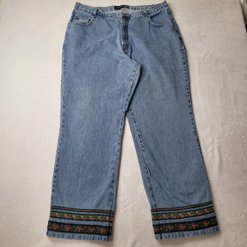 VTG 90s Venezia Embroidered Hem Straight Leg Women's Blue Denim Jean Size 20 USA